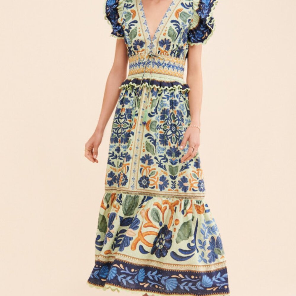 Anthropologie Farm Rio Ocean Tapestry Maxi Smocked Green Blue Lace Midi Dress